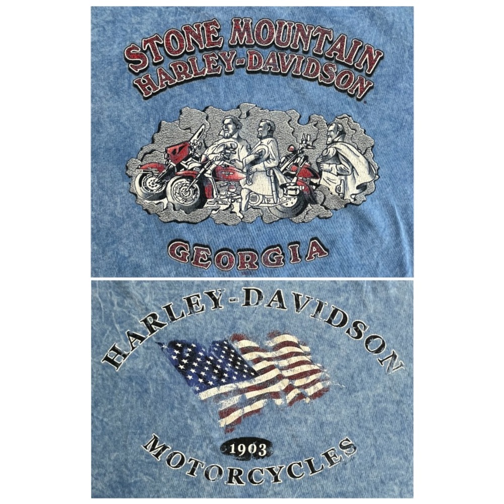 H-D Stone Mtn, GA T-Shirt Large Blue Distressed Holes